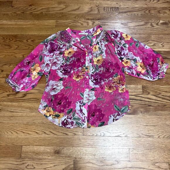 Figueroa & Flower Tops - Figueroa & Flower Top Womens Plus PM Pink‎ Floral Paisley Flowy Boho Romantic